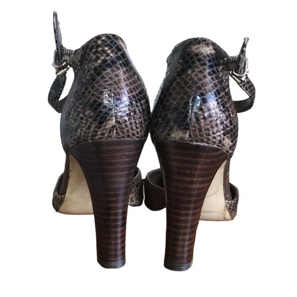 Banana Republic 3.5”Heels Faux Snakeskin Brown/Black w/Ankle strap Size 6.5 - Picture 3 of 6